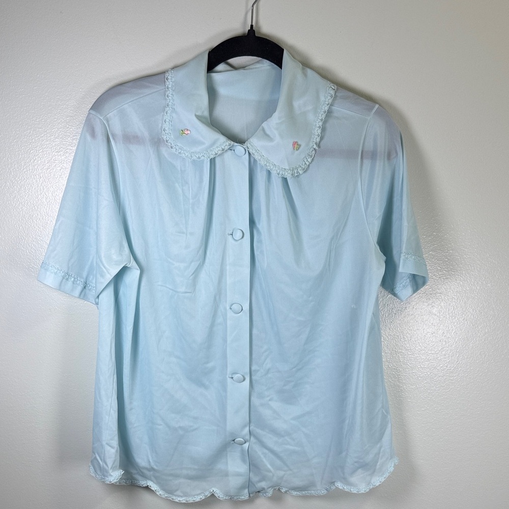 Vintage Blue Nylon Pajama Top Floral Embroidered Lace Trim Peter Pan Collar USA
